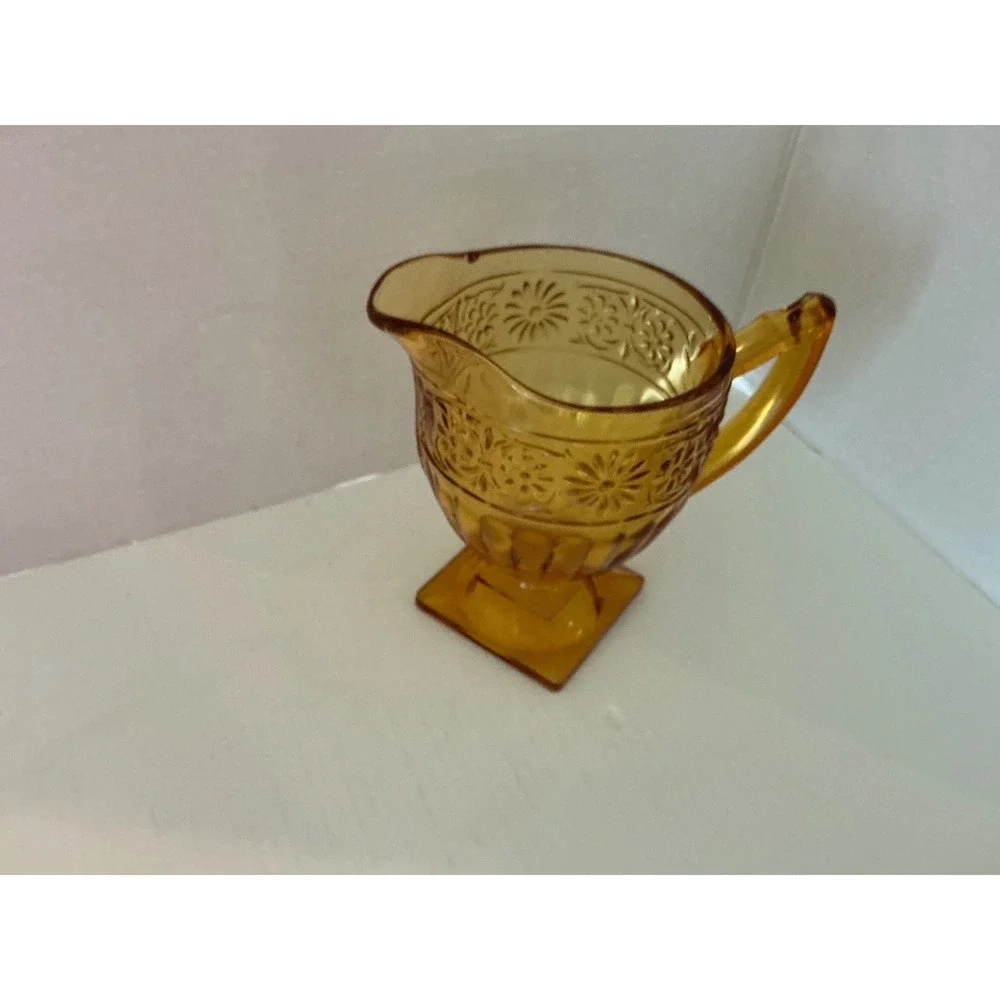 Tiara Vintage Amber Glass Creamer Sandwich Pattern Floral Square Base Small